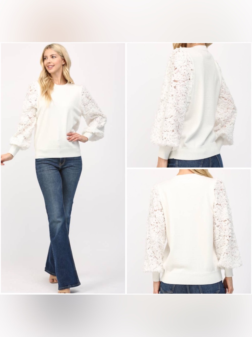 Fate cream floral lace sleeve crew neck sweater S